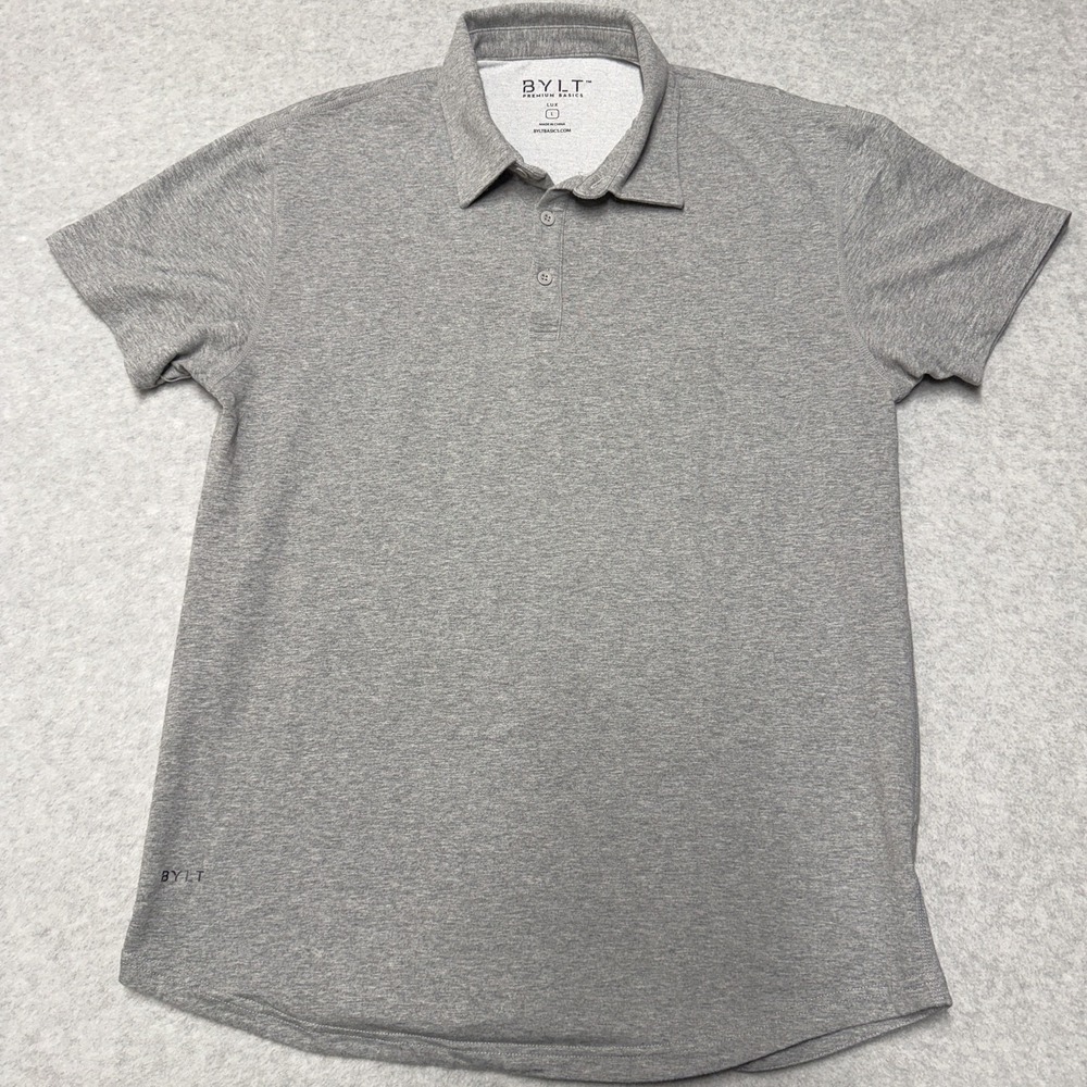 BYLT Lux Polo Shirt Mens Large Gray Solid Performance Stretch Jersey Casual Top
